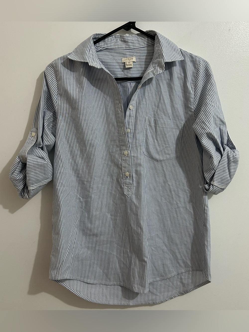 J.Crew blue and white striped Oxford popover shirt with roll-tab sleeves Size XS